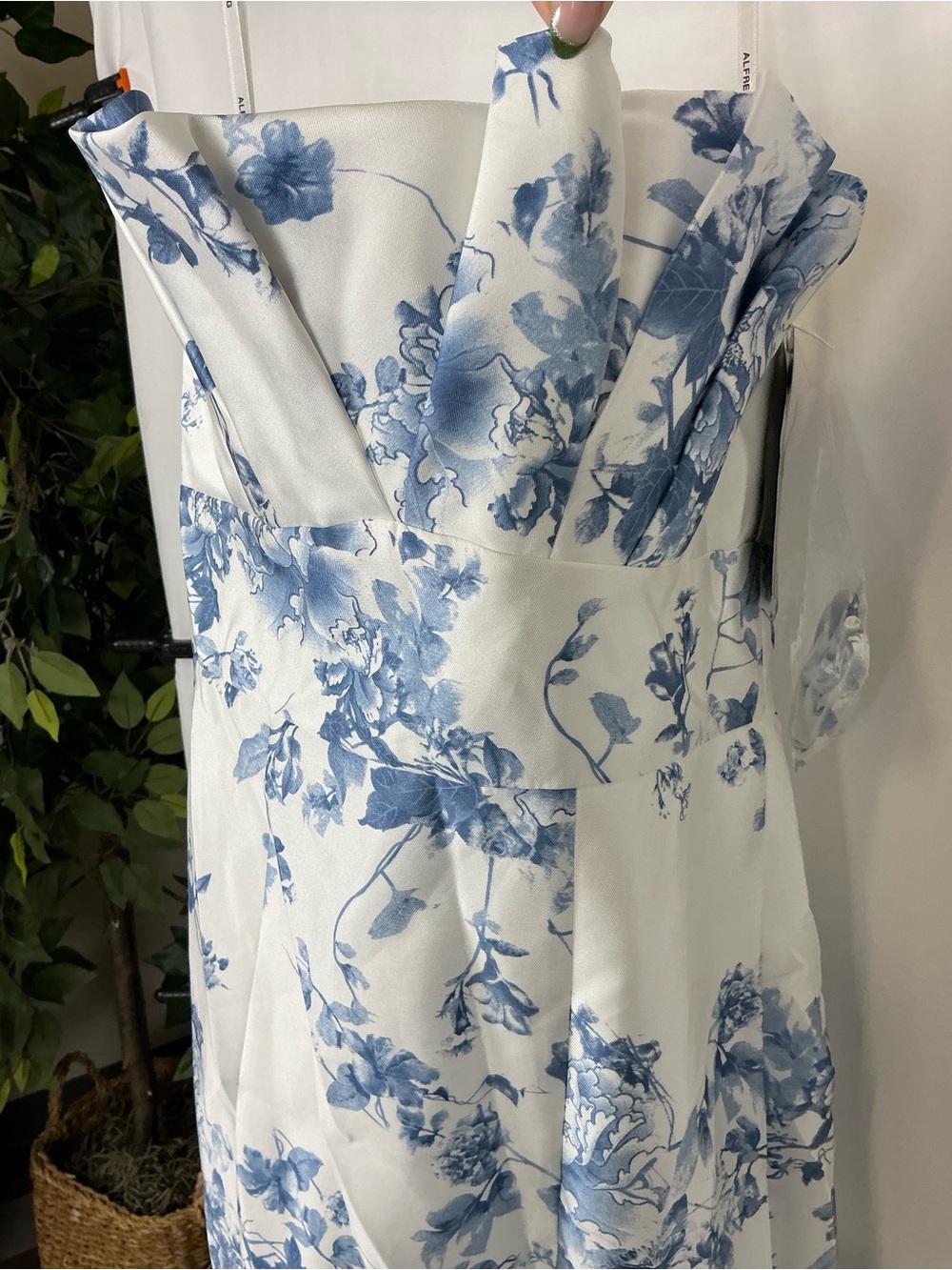 Alfred Strapless Floral Satin Gown in White and Blue - Picture 4 of 7